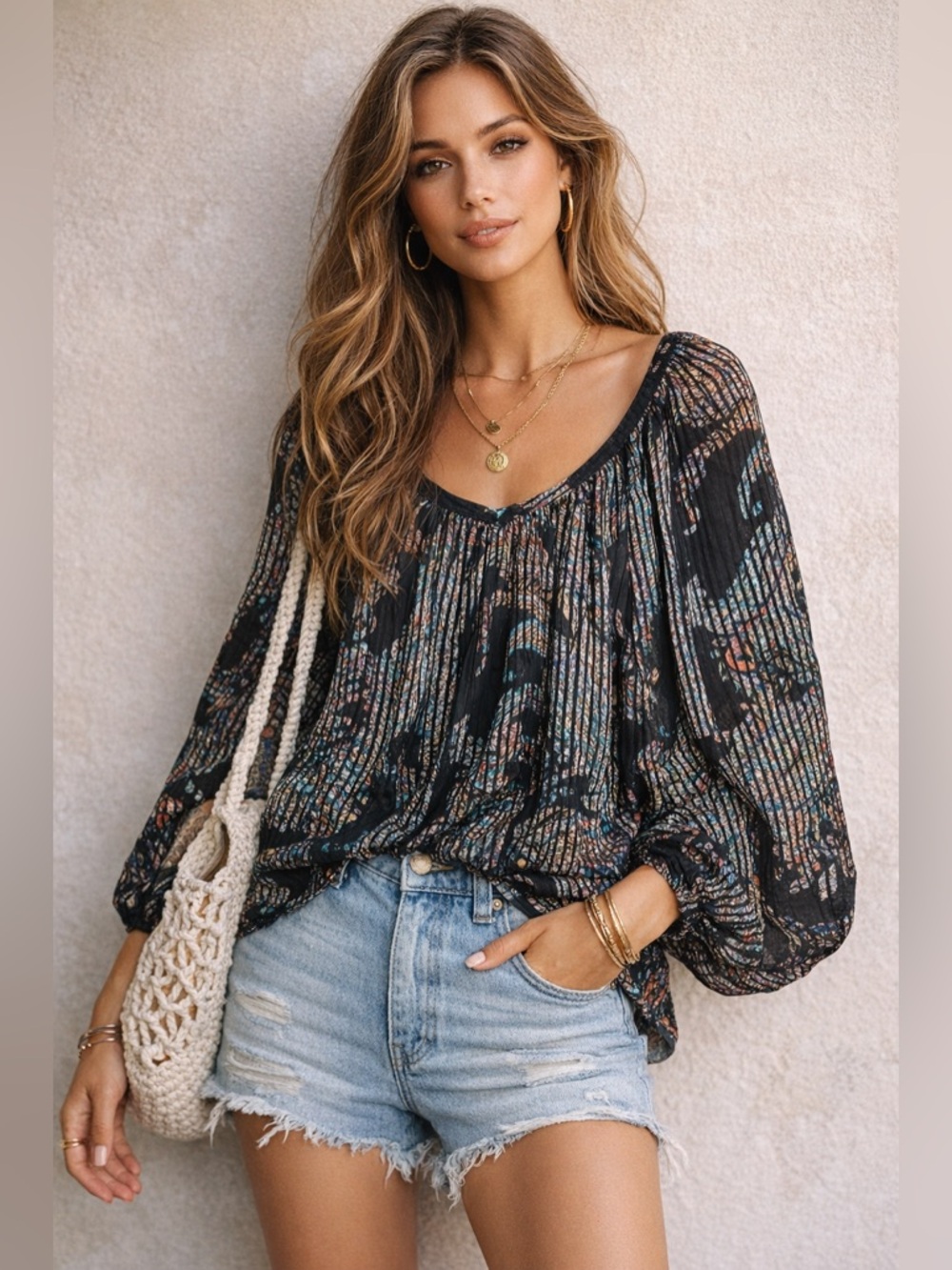 Anthropologie Black Multicolor Pleated Boho Blouse